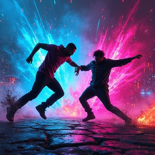 Abstract digital artwork of a high-energy dance battle. Neon lights in electric blue and hot pink. Bold contrasting colors create dynamic patterns. Urban textures like asphalt and concrete cracks displayed. The composition evokes feelings of movement and rhythm.