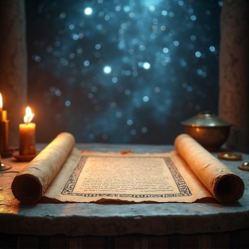 A portrait of stars swirling above a glowing parchment scroll on an ancient marble table illuminated under a celestial sky. The scroll features Greek writings and symbols. Zeus stands nearby. Elegant robes flow. Dramatic shadows are cast by torch uplighting. The scene is cinematic and detailed.