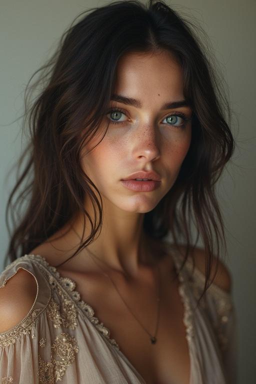 A person with a mix of masculine and feminine features. The person wears an elegant garment. Natural lighting enhances the beauty of the subject. The composition focuses on the neckline and shoulders with a breeze effect in hair.