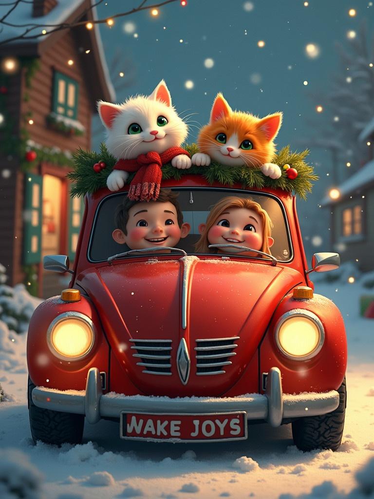 A warm and festive Christmas scene with two cats on top of a red car. Snow falls around the car. Bright, inviting atmosphere with holiday charm.