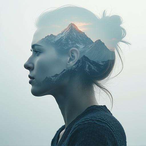 A woman's profile is blended with mountainous landscapes in a double exposure technique.