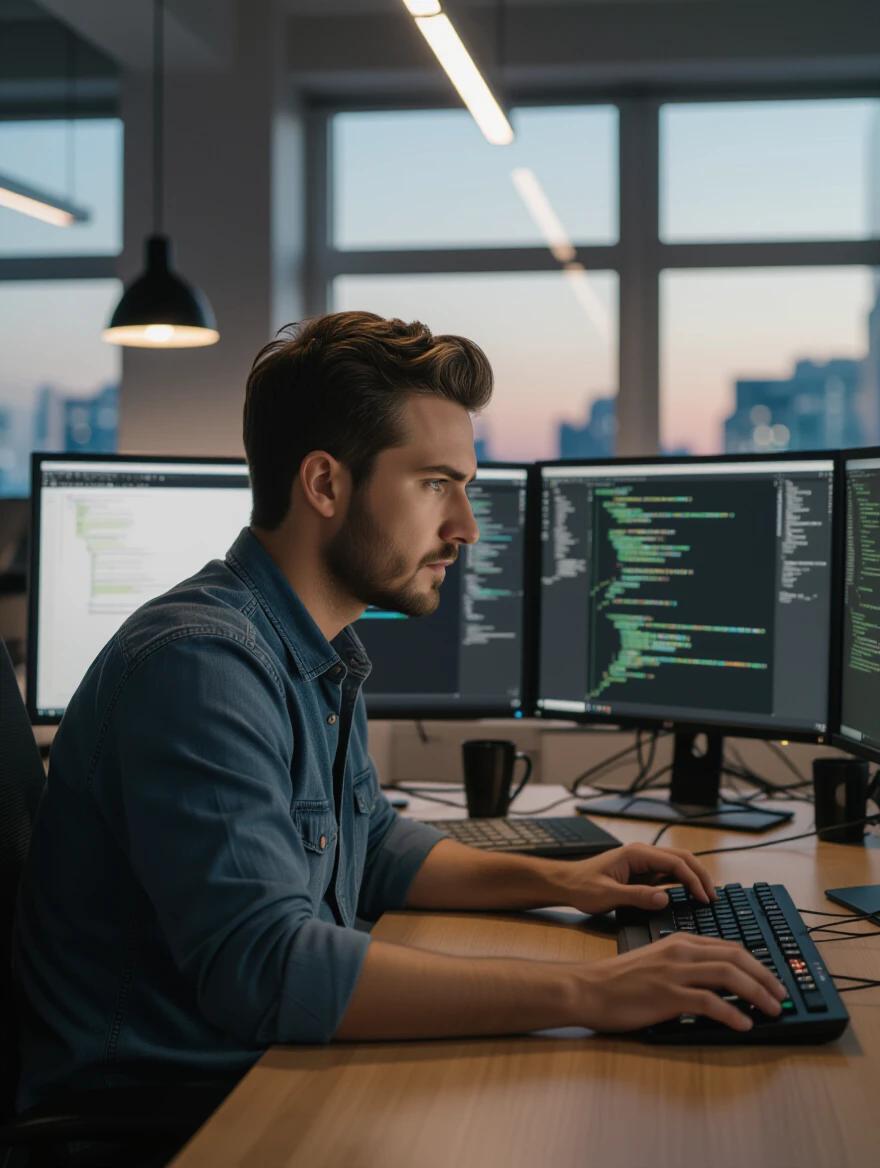 Side profile of an individual intensely working at a computer. Focused expression in late evening office lighting. Multiple glowing monitors display code. Photorealistic quality with cinematic lighting and natural skin tones.