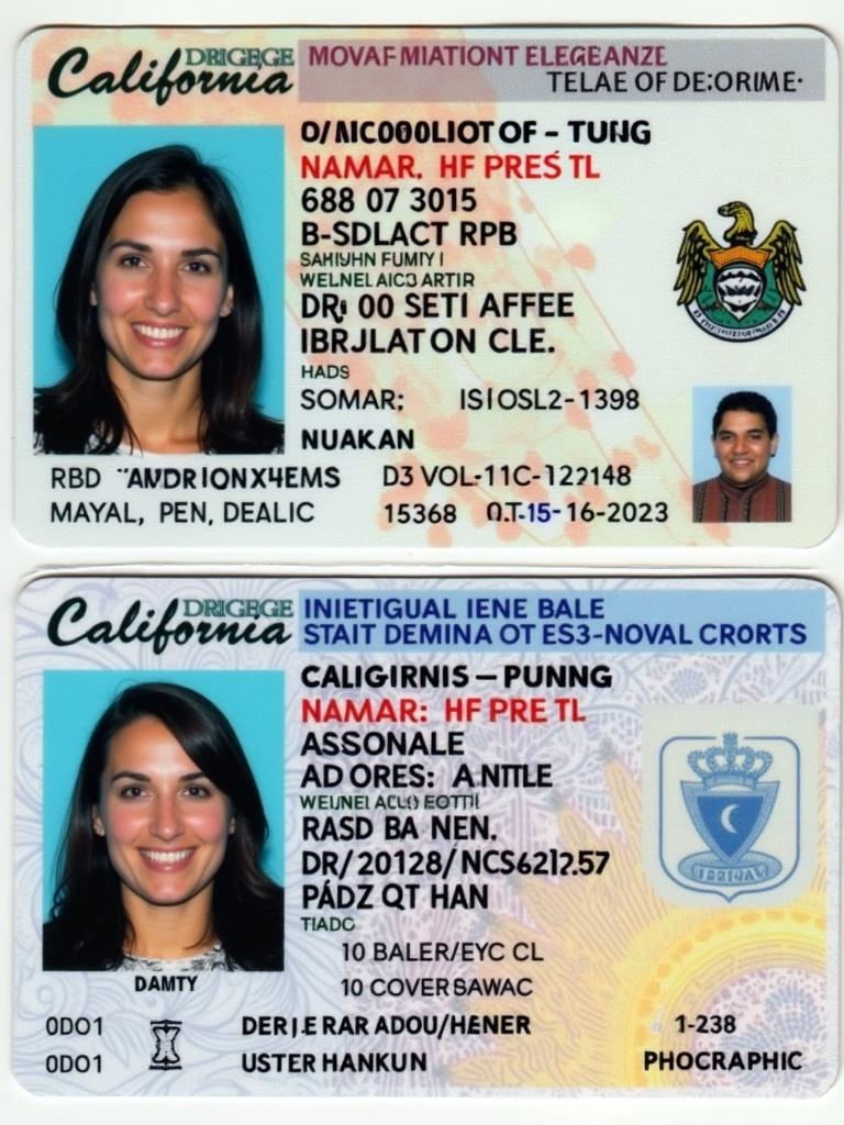 California driver license displays personal identification details. Includes name, address, date of birth. Holder is female, black hair, black eyes, height 5 feet 11 inches, weight 152 pounds. Features security elements, valid until October 16, 2028, issued December 15, 2023. Standard layout with text and symbols.