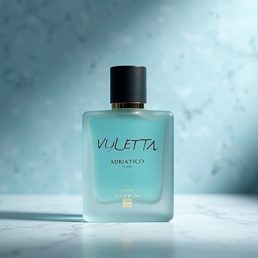 Photo-realistic image of a perfume bottle. Frosted gradient glass with soft glowing pale aquamarine liquid. Elegant label with bold lettering for 'VULETTA', flowing script for 'ADRIATICO', smaller font for 'POUR HOMME', and gold foil 'PARFUM' at the bottom. Setting on light marble surface with diffused light.