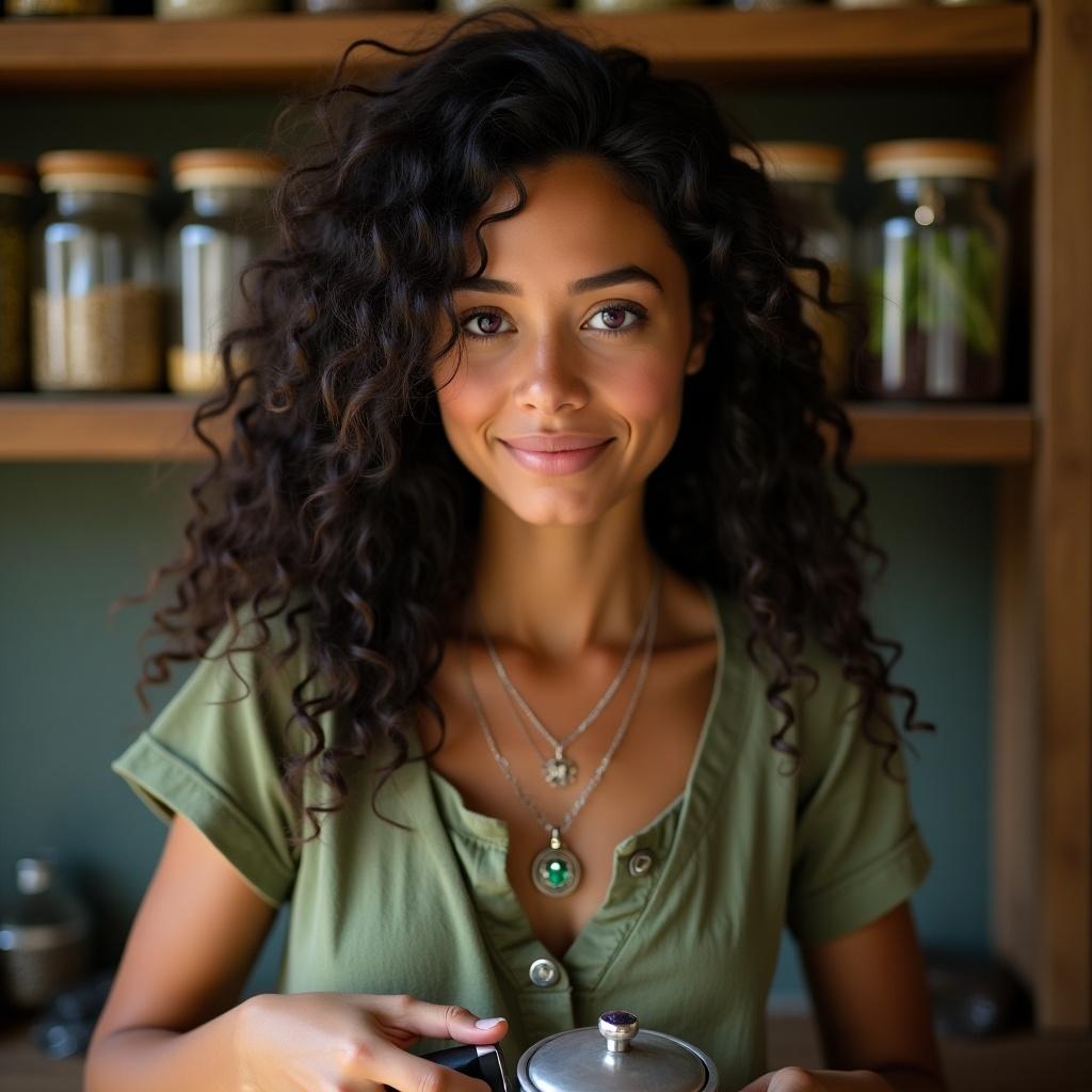 Close-up of a young woman with tan skin and violet purple eyes. Long black curly hair. Simple green linen dress. Delicate silver necklace with emerald ring. Making a pot of tea. Shelves behind with jars of herbs and dried flowers. Thought bubble shows reflection on peaceful life.