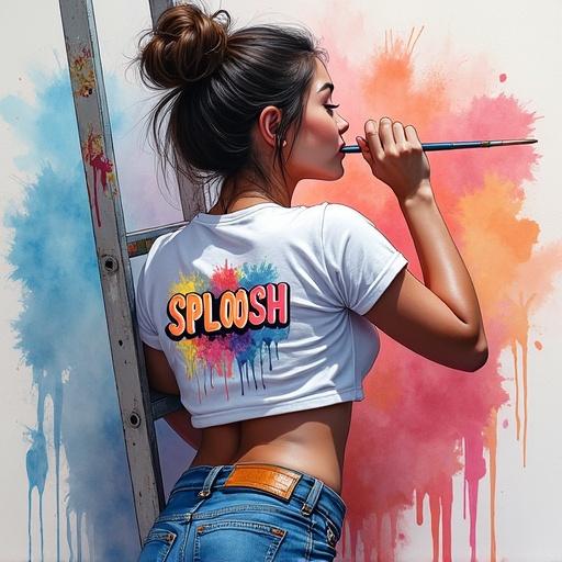 A woman on a stepladder painting a mural in her studio. She has a brush in her mouth. Her crop top shows a neon splash logo SPLOOSH. Colorful paint splatter enhances the mural's background.
