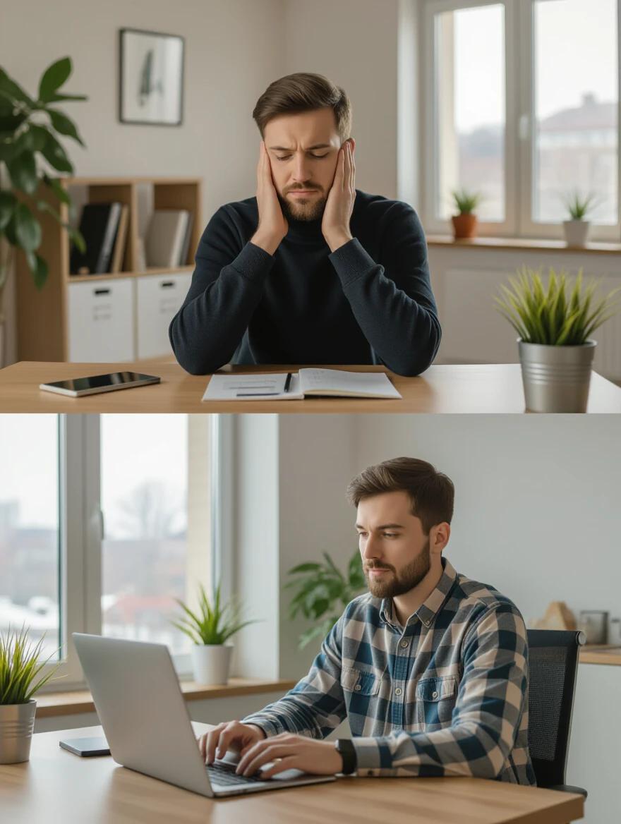 Split screen showing stressed person at traditional job and relaxed person working from home. Both sides have natural lighting showcasing professional lifestyle. Photorealistic contrast.