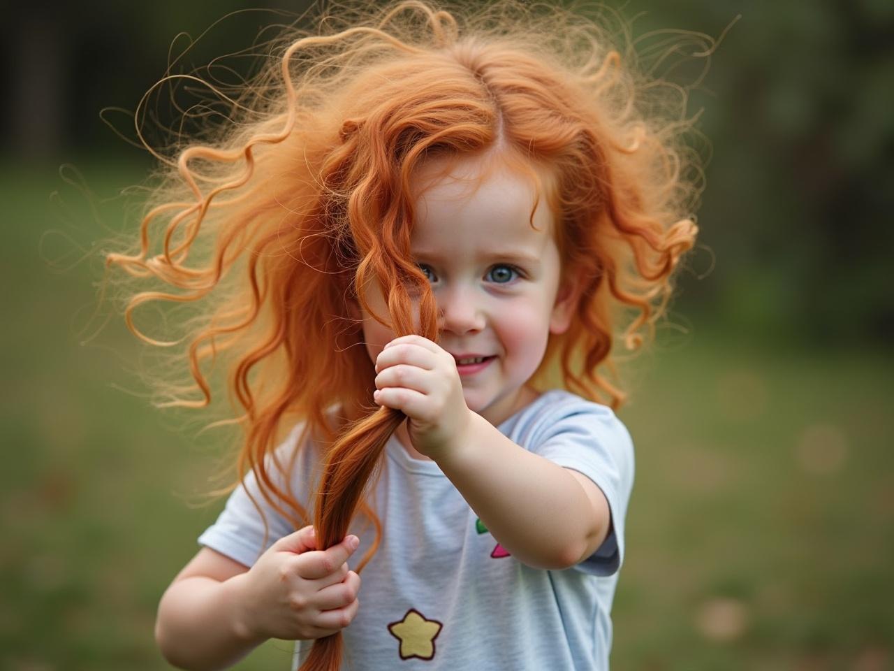 A cheerful redhead child is playing outdoors, showcasing her beautiful curly hair. She is tugging at her locks, enjoying a playful moment in nature. The sunlight softly illuminates her bright features, highlighting her joyous expression. Her attire is casual and colorful, reflecting a playful spirit. The background is filled with natural greenery, creating a serene environment for children to explore and play.