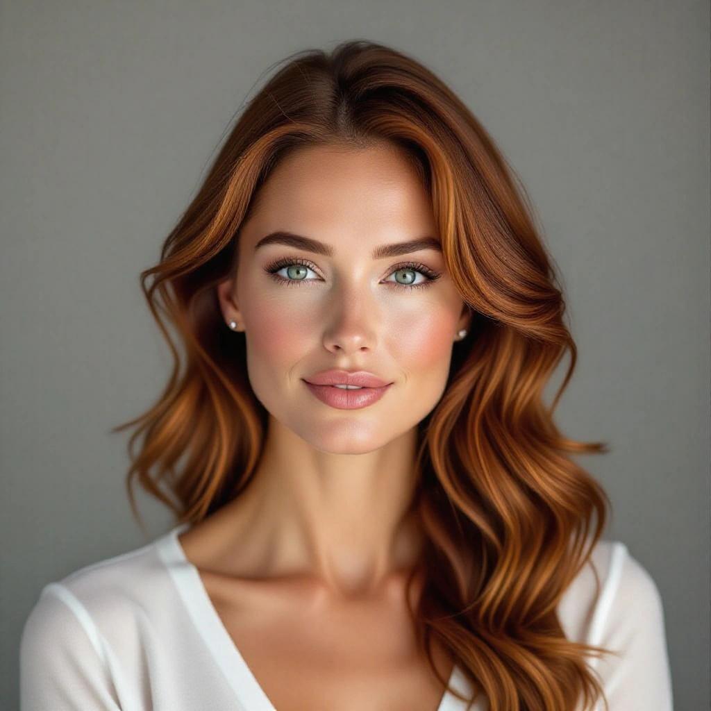 A photorealistic headshot portrait depicting a striking woman in her mid 30s. Studio setup with even flash lighting. Gray background. Rich auburn hair styled in soft waves. Fair complexion with subtle fine lines. Light blue eyes with thick lashes. Symmetrical features. Neutral-toned lips with a subtle smile. Wearing a gray bodysuit.