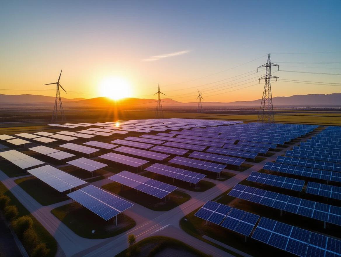 Industrial-scale clean energy infrastructure features solar plants and wind farms. Power lines stretch across the landscape. Captured at sunset. Image conveys a safe and forward-looking environment. Horizontal orientation.