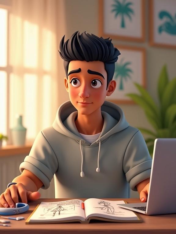 3D cartoon scene featuring a young Egyptian male designer at a desk. He has warm skin tone, dark expressive eyes, and modern short black hair. Desk has a laptop, an open sketchbook with design sketches, and headphones. He wears casual clothes. Expression is focused and hopeful. Background is cozy with soft lighting. Vibrant colors and smooth cartoon shading used.