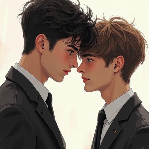 Illustration of two young men. One has Asian features and is slightly taller. They are gazing into each other's eyes with affection. The scene conveys their secret love.