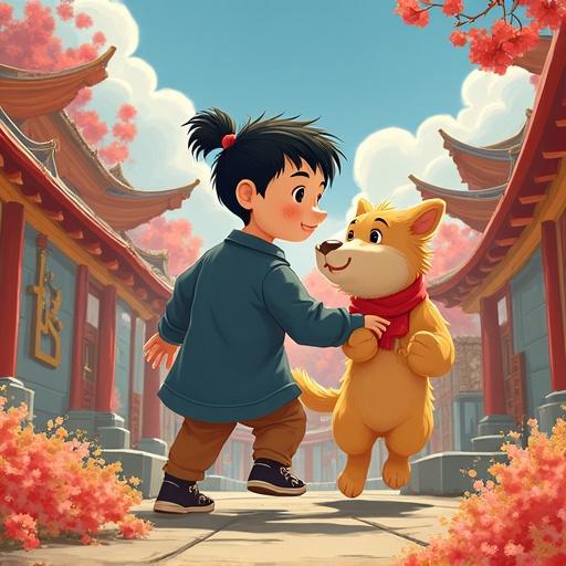 A joyful scene with a young boy and a dog in a colorful setting. The boy wears a green patterned sweater. They share a friendly moment. Background features traditional architecture and blooming flowers. A warm, playful atmosphere is highlighted.