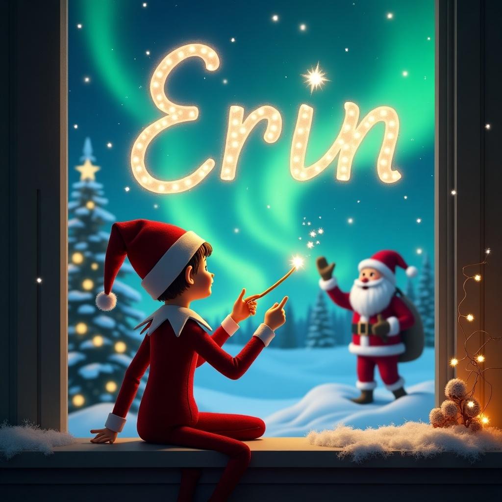 The image features an elf on the shelf sitting on a window ledge, facing the night sky. The elf is dressed in a classic red outfit with a pointed hat and is using a wand to write the name 'Erin' in sparkling letters in the air. In the background, a winter wonderland is visible, with snow-covered trees and twinkling lights. Santa Claus can be seen in the distance, adorned in his traditional red suit, waving joyfully. The sky is filled with magical northern lights, creating a festive and enchanting atmosphere.