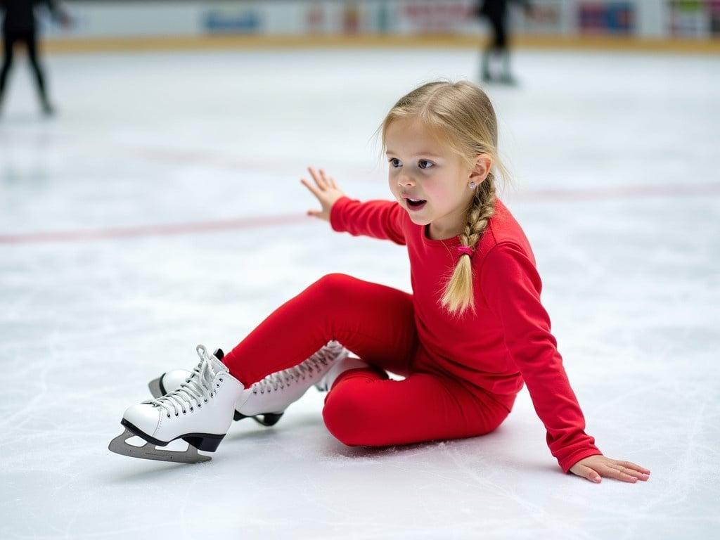 A young girl is ice skating on a rink and has just fallen down. She is wearing a bright red outfit which includes a long-sleeve top and leggings, and she has white ice skates on. The girl is in a seated position on the ice, with one hand extended to the side as if trying to stabilize herself. Her hair is long and blonde, tied in a braid, and she looks surprised but not hurt. The rink is empty, and you can see the smooth ice surface around her.