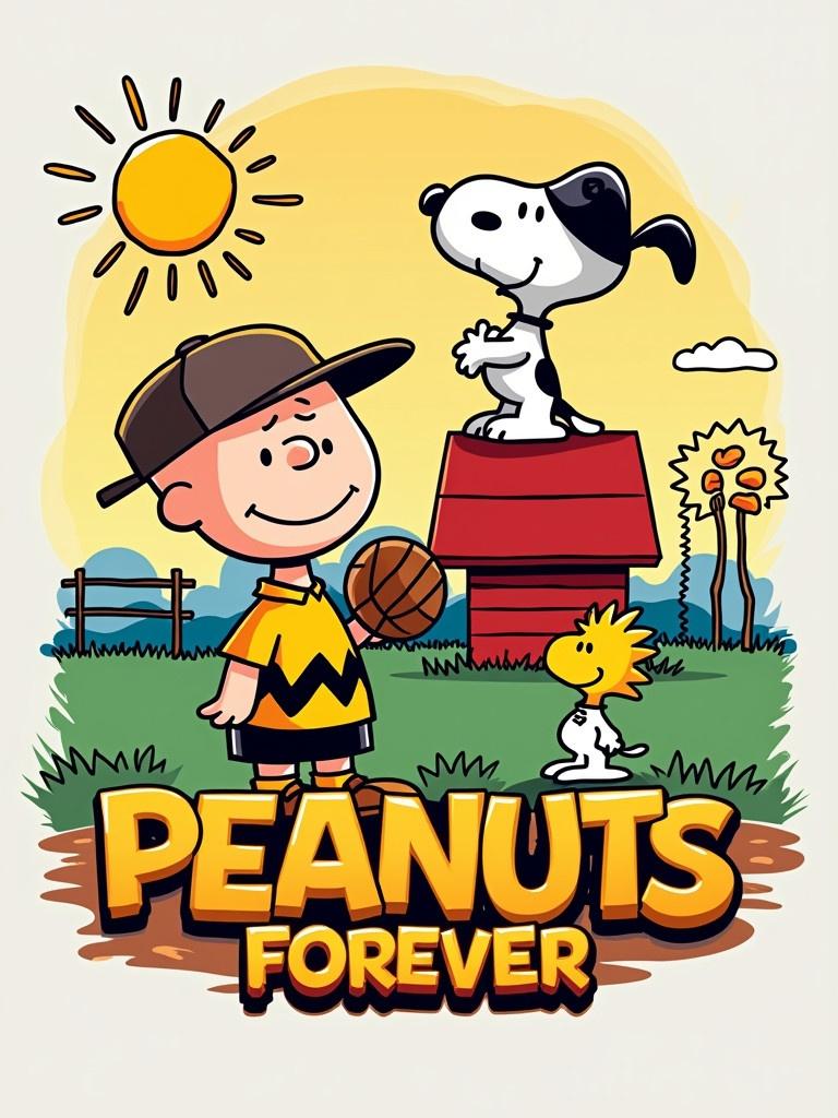 T-shirt design features Peanuts characters in a vibrant scene. Charlie Brown holds his glove. Snoopy sits on the doghouse with Woodstock flying. Characters have semi-realistic 3D style and glowing outlines. Background is sunny with baseball field elements. Bright and cheerful color palette. Text says 'Peanuts Forever' in playful 3D bubble font.