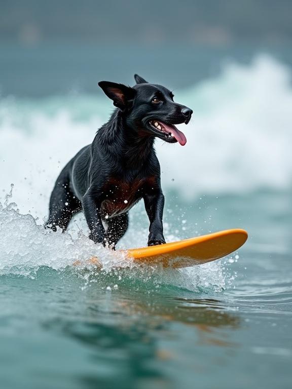 A black dog riding a surfboard in the ocean. The image captures the moment with high detail and action. Bright colors and dynamic waves showcase the excitement of the scene.