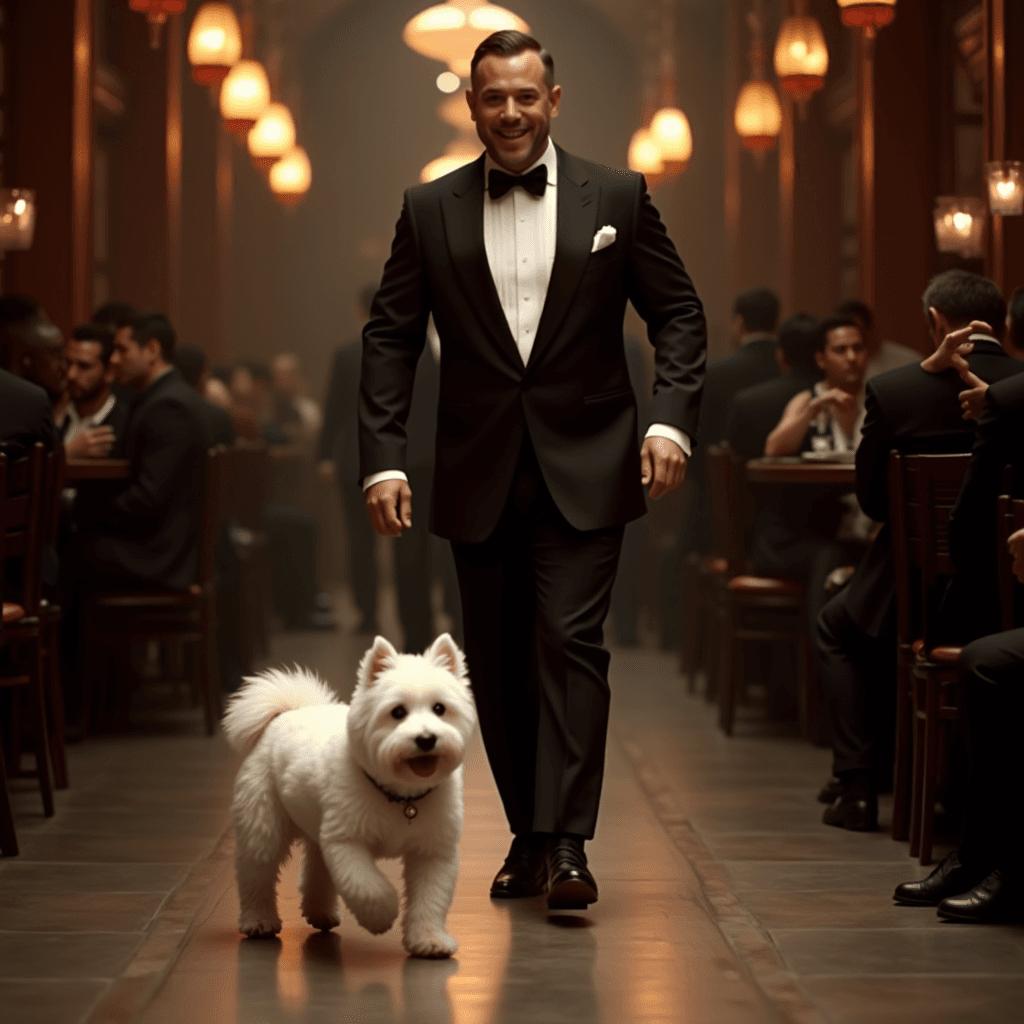 A man in a tuxedo walks confidently with a fluffy white dog in an elegant restaurant setting.