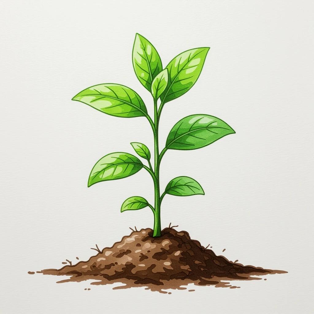Realistic drawing of a small plant with green leaves growing from a pile of brown dirt on a white background.