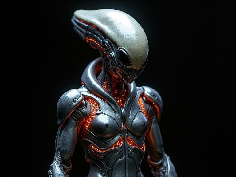 A sci-fi alien with a fleshy organic appearance. The alien features subsurface scattering and wears a bioorganic silver metallic mechanical exosuit. The suit has reddish-orange LEDs and is set against a dark black background.