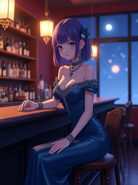Vertical cinematic anime rendering of a Japanese woman with semi-long violet bob hair and striking violet eyes. She is seated on a bar stool with one leg crossed over the other. Dark navy blue bar counter. Softly lit cozy bar. Elegant dark blue off-the-shoulder gown made of shimmering satin. Intricate silver embellishments visible along neckline. Choker-style necklace and large earrings. Multiple bracelets on left wrist. Small dark blue flower in hair. Warm-toned chandeliers create inviting ambiance. Background shows moonlit night sky with stars.