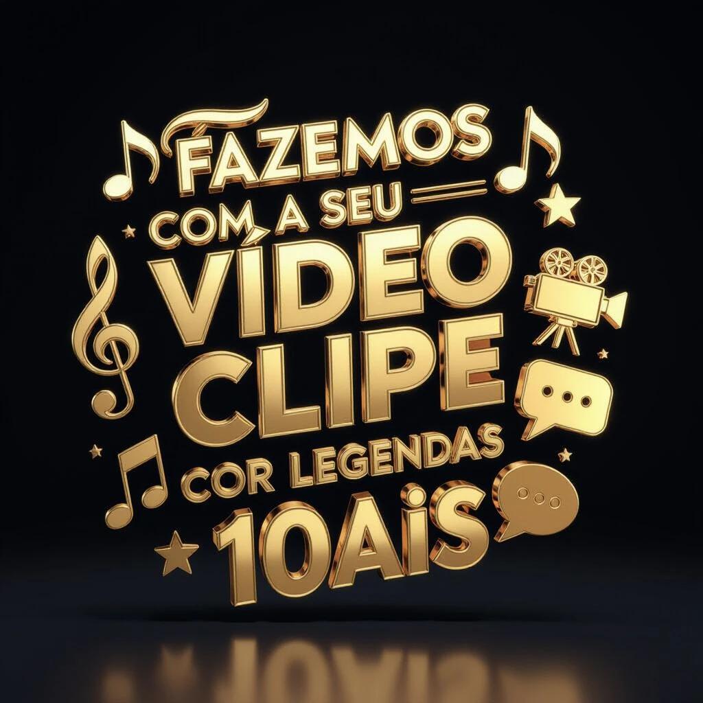 3D typography with the inscription 'WE MAKE YOUR VIDEO CLIP WITH CAPTIONS FOR 100 REAIS'. Text has a bold style, metallic and golden finish, polished and shiny. Floating 3D icons of a musical note, a movie camera, and a dialogue balloon, all in a matching golden metallic style. Dark clean background to highlight the elements. Studio lighting, digital art, 8K rendering, ultra-detailed.