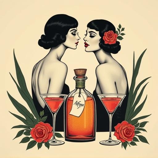 Minimalist screen print artwork depicting two flapper girls with flower behind ear in speakeasy. They hold cocktail glasses at chest level. An apothecary bottle filled with shimmering elixir glows nearby. A cork lid tops the bottle. The tag reads 'ALFRUNO'. Two identical cocktail glasses flank the bottle. Roses and green herbs surround the bottle. Beige background. Mood is mysterious and elegant, evoking pleasure and seduction.