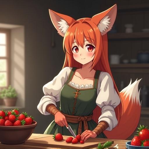 Anime fox girl in medieval kitchen. Character cutting strawberries on a wooden table. Cozy and inviting atmosphere with kitchen elements.