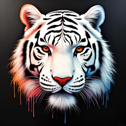 Close-up portrait of a Bengal tiger’s face. Thick white impasto texture with vivid neon orange, electric blue, and crimson drips. Background is pure black.