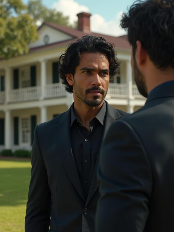 Handsome Latino man with thick waved hair wearing dark suit and dark shirt. The man is in front of a plantation house engaging in conversation with another man. Realistic full body shot.