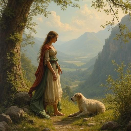 Painting depicts an elf bard woman in a fantasy landscape. She has long hair and elegant attire. A golden retriever is seated nearby. Scenic hills and a valley are in the background. The setting is vibrant with lush greenery.