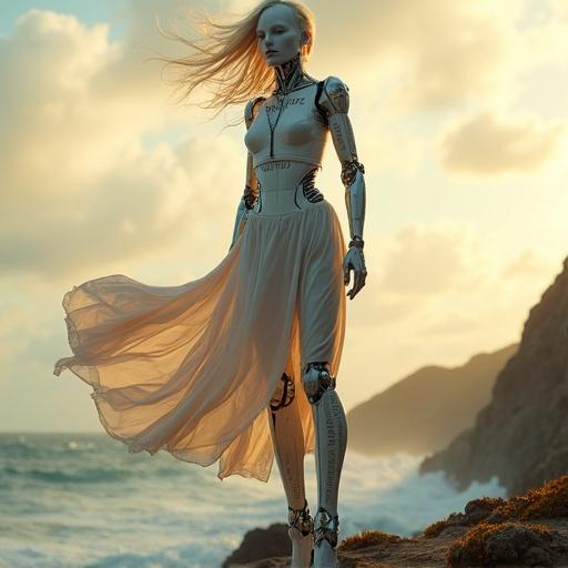 Faceless female android with gleaming white alloy limbs. Intricate industrial text stamps. Standing on windswept coastal cliff. Orange accents glowing on joints. Billowing summer dress rippling in gale. Mechanical legs revealed. Confident pose with arm raised. Head tilted toward stormy skies. Golden-hour light on hair strands and technical markings saying PROTOTYPE V.9.2. Textures mix polished metal and delicate fabric. Blurred crashing waves below cliffside railings. High-fashion meets retro-futurism.