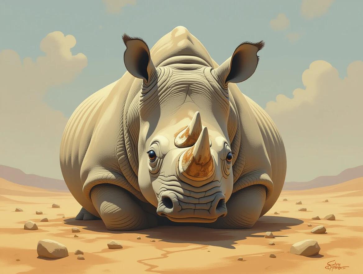 Surreal whimsical painting of a sad rhinoceros with elongated forms and exaggerated proportions in a cracked desert. The rhinoceros has large glossy eyes. Background is soft and blended with muted colors. Atmosphere is eerie yet playful with subtle shading and delicate highlights.