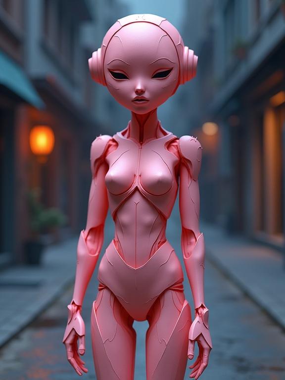 This artwork showcases a frontal view of a pinkish tanned robot sculpture. The robot has smooth layered body design and functional legs. Base of the scene is an alleyway at night. Atmospheric lighting emphasizes the robot's curves and geometric patterns. Digital rendering brings out the serene expression of the figure.