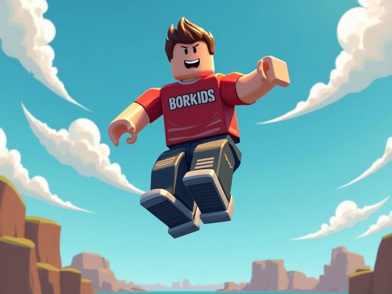 A Roblox character performing a backflip. Character has a BORKIDS t-shirt. Bright blue sky with clouds. Cartoonish style applied. Focus on playful and engaging scene.