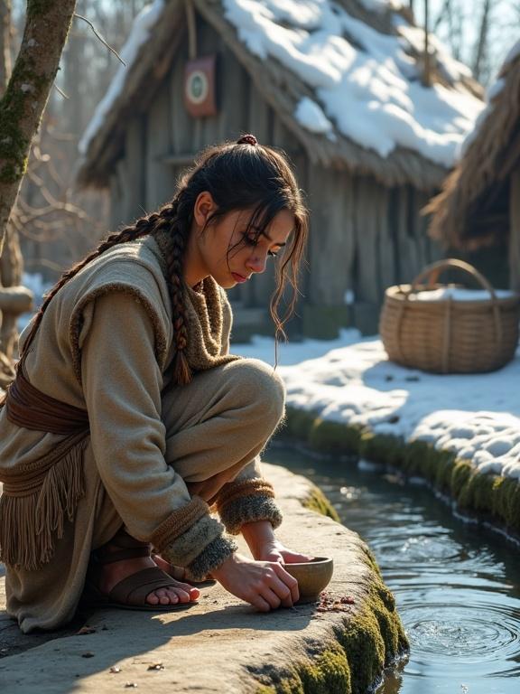 Photorealistic scene depicting a young woman from a northern Bronze Age village washing clothes using ash soap beside an aqueduct. She wears layered clothing suitable for a cold climate. Surroundings include melting snow, woven baskets, and mossy huts. Late spring morning light creates a brisk but warm atmosphere. The scene captures the essence of ancient tribal life and traditions.