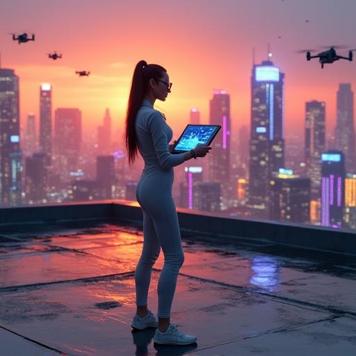 A stylish futuristic woman stands on a rooftop at sunset in a cyberpunk city. The scene includes glowing neon lights, holograms, and flying drones. The woman wears a sleek smart suit and augmented reality glasses while holding a digital tablet with a projected 3D map. The skyline features futuristic skyscrapers with vibrant colors and glowing signs, reflecting on the rooftop's wet surface.