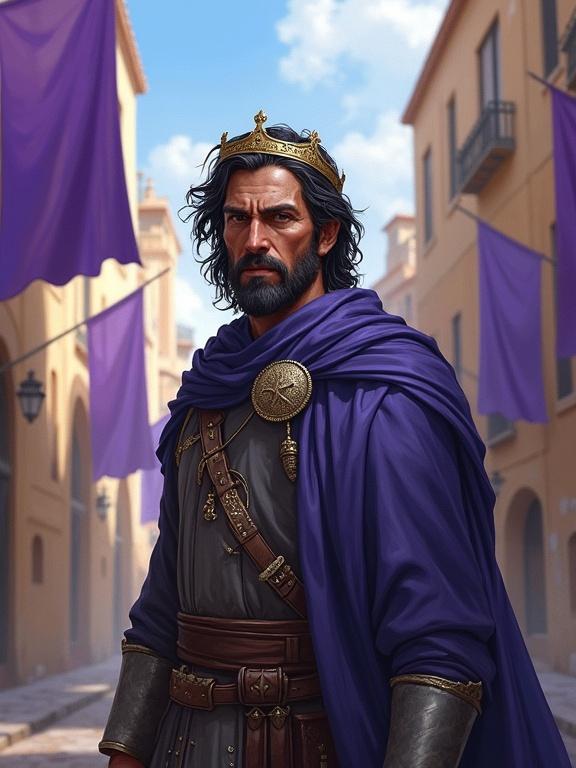 Portrait of a man with black hair and gray streaks. Wearing a simple crown and gray traveling clothes. Expression shows determination and exhaustion. Looking at the viewer. Standing in a colorful alley with purple banners. Greek fantasy city background. Heroic epic vibe. Digital art in the style of Jason Chan. Semirealistic, soft brush, medieval style, with watercolor splashes in the background.