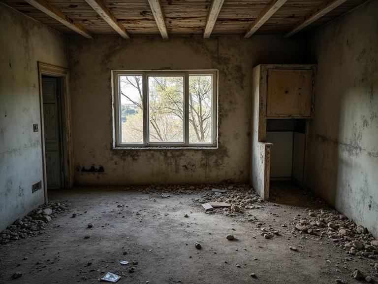 Realistic depiction of old newspapers on a worn table inside an abandoned house. The empty room features a window looking out to nature. The walls show signs of decay and neglect, with scattered debris on the floor.