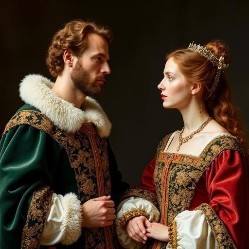 A historical scene depicting Spanish monarchs Isabel I and Fernando II. They are portrayed in intricate 15th-century attire. The setting is moody with soft lighting, highlighting their regal features. Isabel appears serious while Fernando is looking intently at her. Text elements include "1492" and below it "2025".