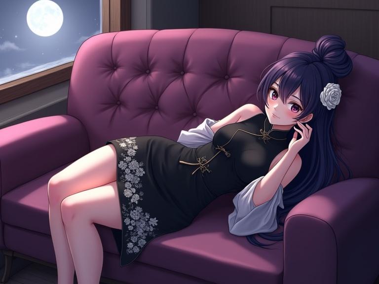 A full-body shot of a beautiful anime woman lying on her side on a plush purple sofa. Dark purple hair elegantly styled in a voluminous curly updo. She wears a black cheongsam with white floral patterns. Long sheer white sleeves complement her dress. Soft strands frame her face. A full moon is visible through the window. Warm lighting enhances the retro coffee shop setting in Osaka, Japan.