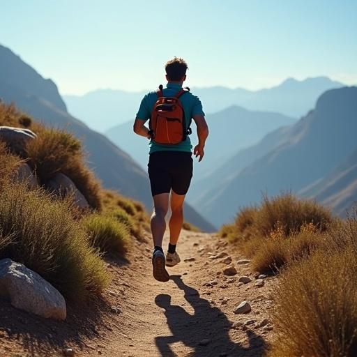 A runner in vibrant attire runs along a dirt trail surrounded by mountains. The camera pulls back to reveal the vast mountainous terrain. The setting captures a soft sunlit landscape resembling Mars.