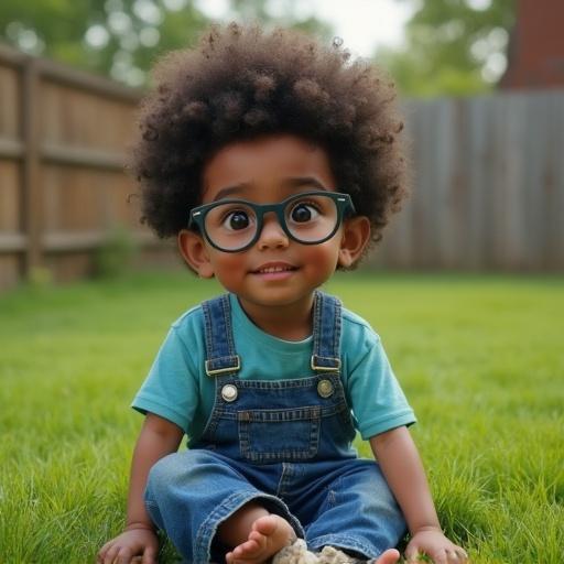 Ultra-realistic portrait of a child wearing glasses and blue overalls in an empty garden with grass.