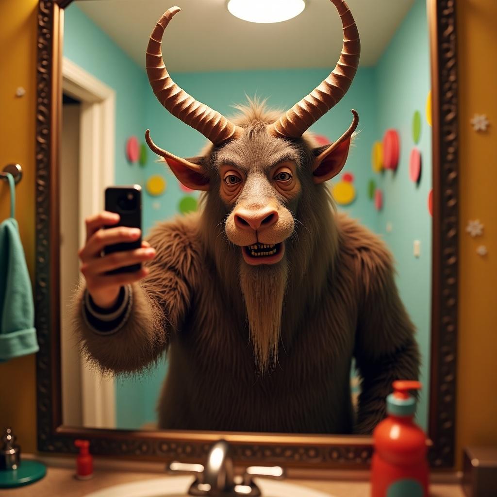 The image depicts a krampus, a mythological creature known in Christmas folklore, taking a selfie in front of a bathroom mirror. This unusual character, resembling a goat with large horns and a furry body, captures a light-hearted and humorous moment. The bathroom is painted in bright teal with colorful wall decorations, contrasting with the krampus' furry appearance. The scene is well-lit, adding to the comedic effect. This playful image combines elements of Halloween and holiday folklore, making it unique and entertaining.