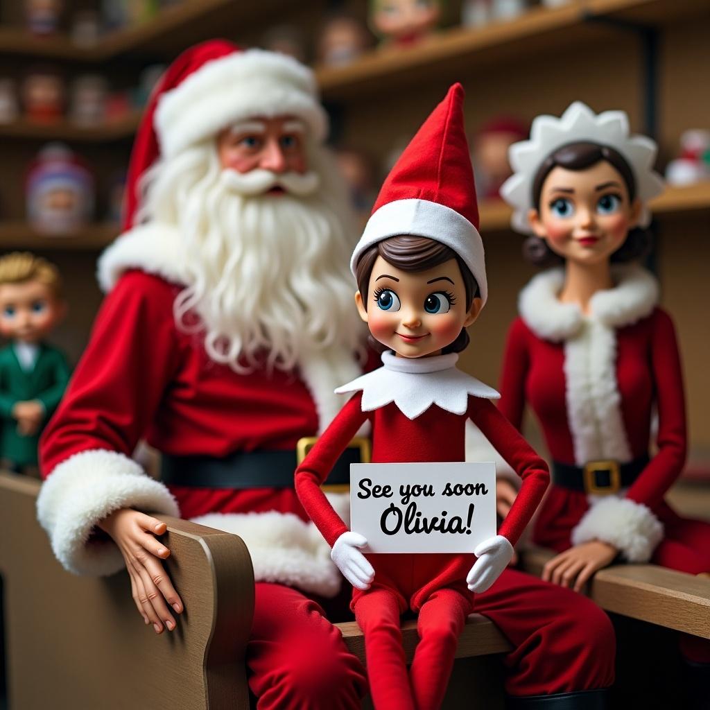 Elf on the shelf in red outfit with white trim and collar holding sign. Sitting with Santa and Mrs. Claus. Toy workshop background with Funko Pops being made.