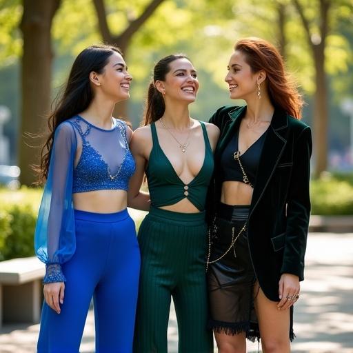 Bright urban park bathed in warm sunlight. Lush greenery and modern benches surround. Three stylish young women stand side by side laughing and posing naturally. Each woman showcases distinct modern fashion that highlights unique personalities. First woman wears sapphire blue outfit with chiffon crop top and high-waisted pants. Second woman wears emerald green blazer dress with black stilettos. Third woman wears black leather jacket and asymmetrical skirt. The sunlight highlights the varied textures of their outfits. Joyful expressions and confident postures captured crisply in a serene setting.