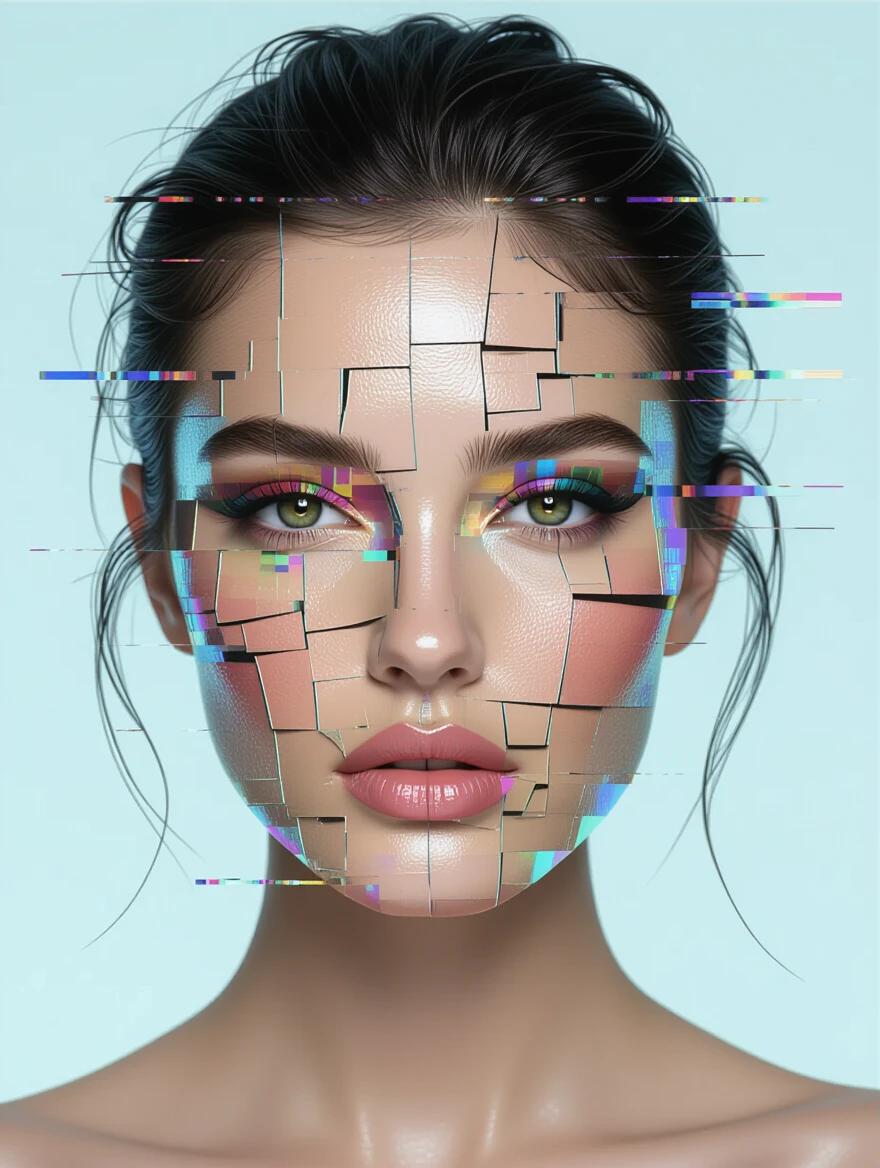 Glitched portrait of a human face with broken symmetry and fragmented features. Skin texture appears pixelated with color channel shifts. Digital noise overlay showcases a datamosh effect. Surreal distortion and static interference create an abstract visual breakdown. Close-up of the face with minimal background and chaotic composition under cinematic lighting.