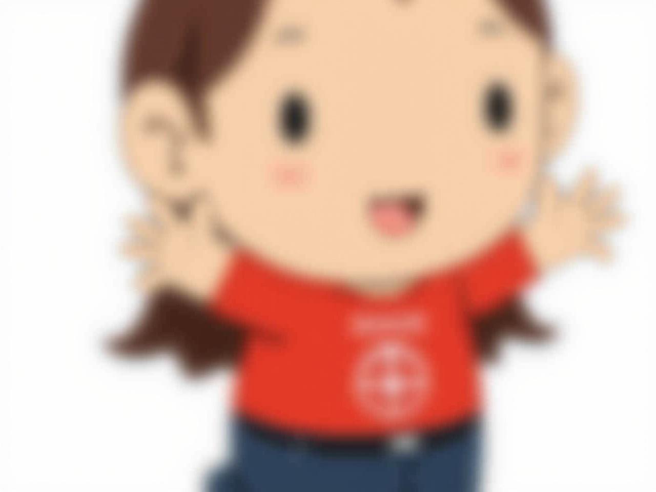 The image depicts an animated character with a blurred face. The character is wearing a bright red shirt with a symbol or text on it and dark blue jeans. They have a simple, cartoonish design, with large round ears and a small body structure. Their hair is brown and styled simply, flowing down the back. The character appears to be in a playful pose with open arms, possibly inviting interaction or engagement.