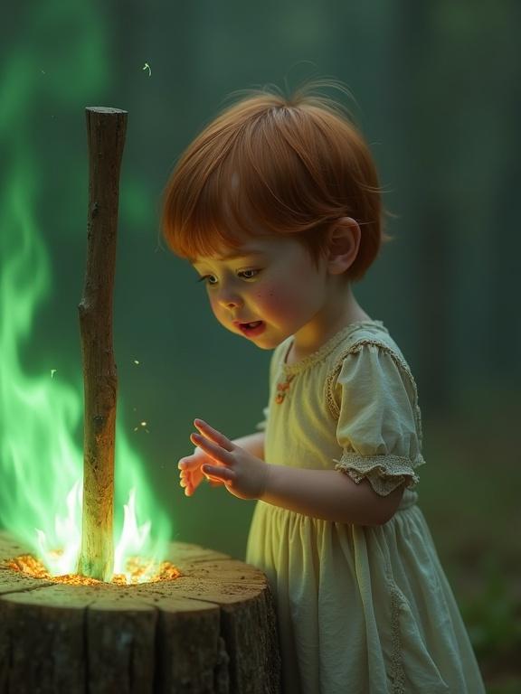 A cute young girl with short auburn hair looks at green fire emanating from a wooden platform. She has smooth pale skin, freckles, and pale blue eyes. Wearing a torn dress, she is horrified as the flames envelop her hands. The scene has a fantasy aesthetic, captured in photorealistic style with depth of field.
