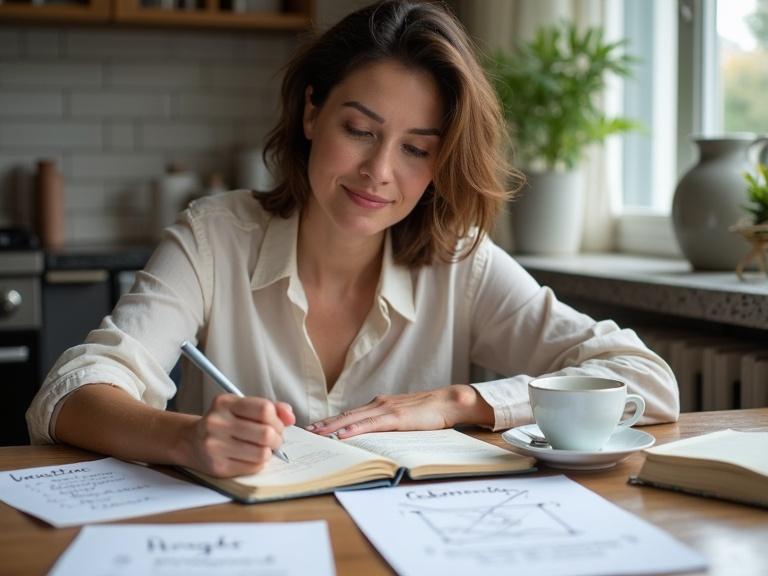 Woman writing in a journal at a desk. Nearby notes scattered with CBT tools. Warm cup of tea on the table. Calm and focused expression as she reshapes thoughts during menopause.